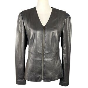 DKNY Lamb Leather Jacket Women’s 10 Black Panel V-Neck Full Zip City Chic